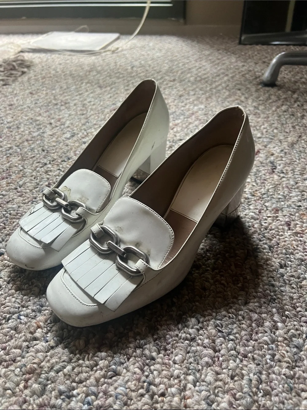 White Block Heel Loafers with Silver Chain Accent